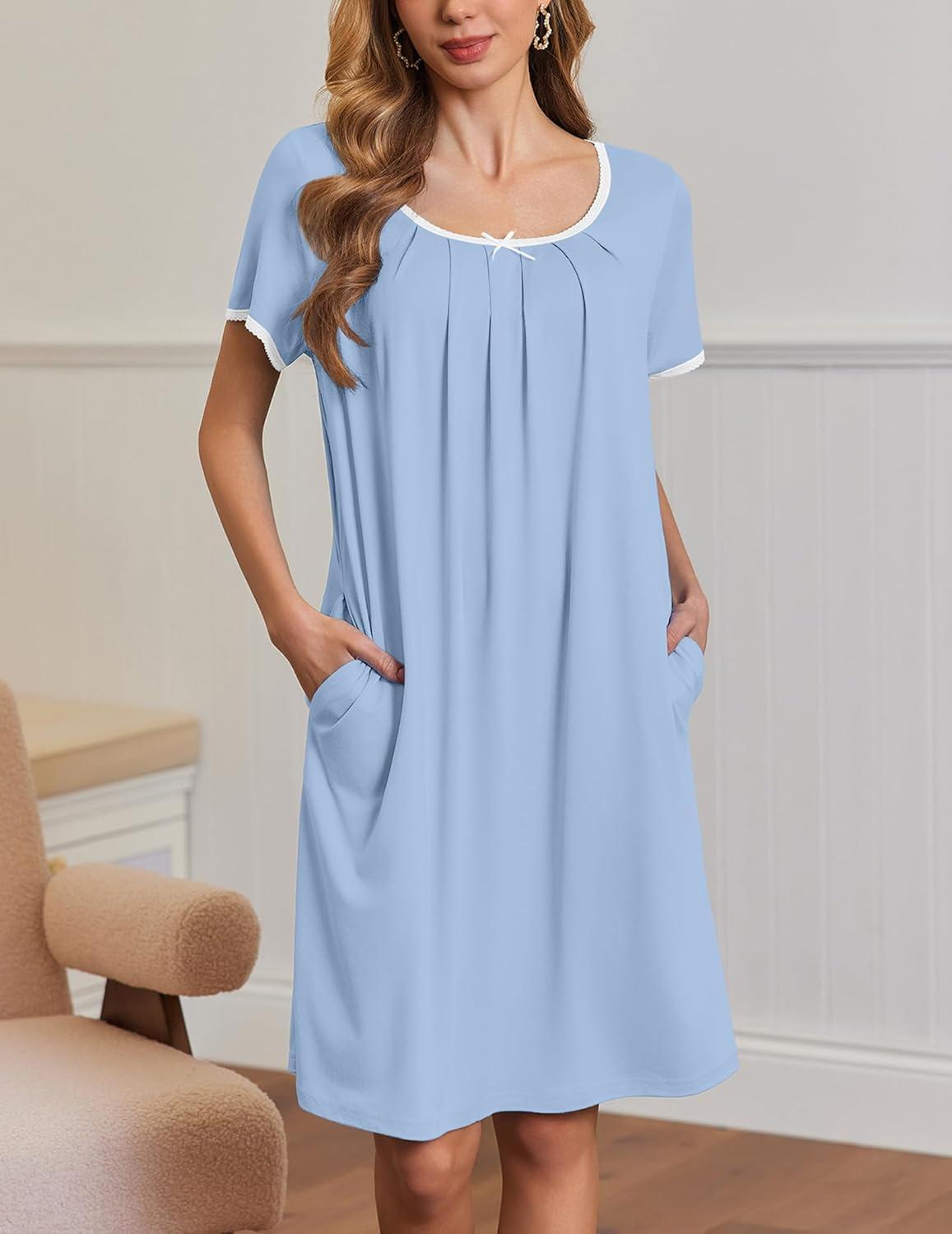 imageEkouaer Nightgowns for Women Short Sleeve Moo Moos Ladies House Dress with Pockets Pleated Sleepshirts Soft SleepwearLight Blue