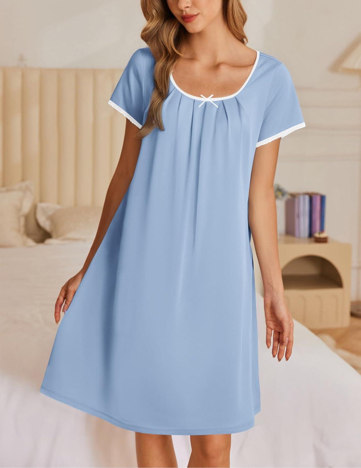 imageEkouaer Nightgowns for Women Short Sleeve Moo Moos Ladies House Dress with Pockets Pleated Sleepshirts Soft SleepwearLight Blue