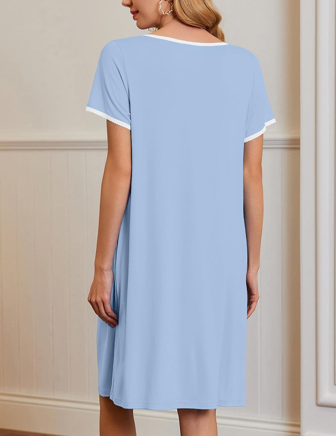 imageEkouaer Nightgowns for Women Short Sleeve Moo Moos Ladies House Dress with Pockets Pleated Sleepshirts Soft SleepwearLight Blue
