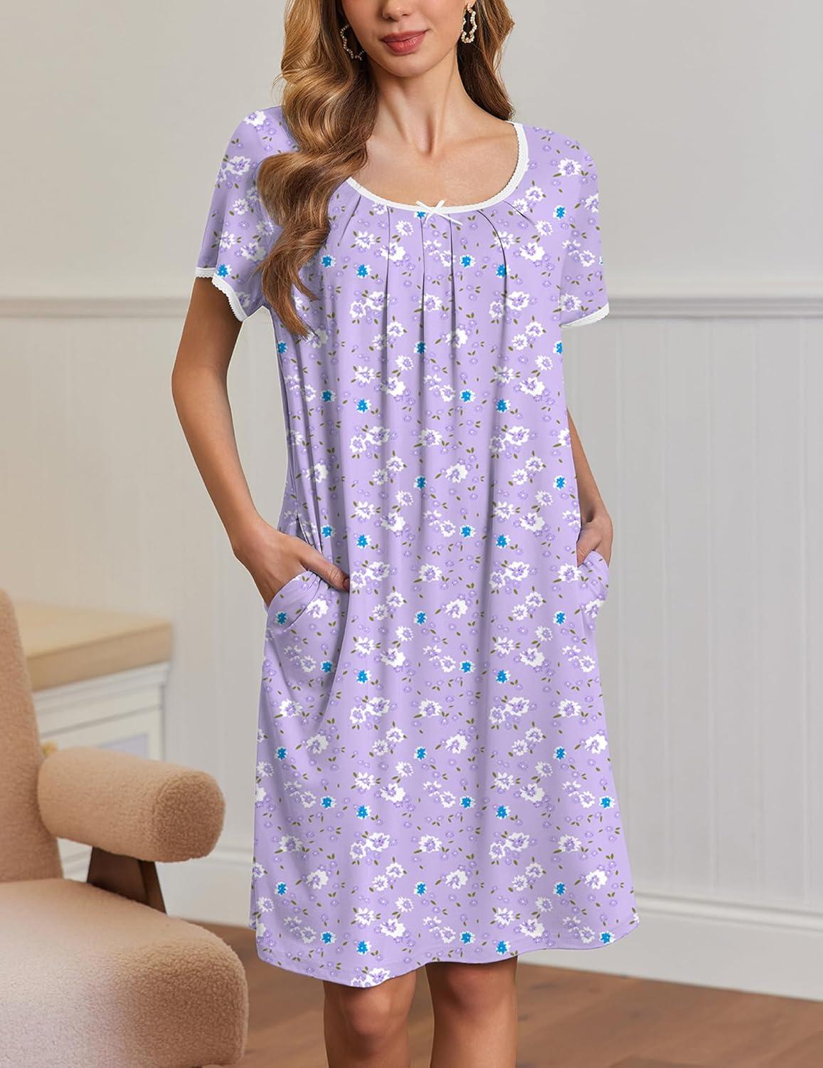 imageEkouaer Nightgowns for Women Short Sleeve Moo Moos Ladies House Dress with Pockets Pleated Sleepshirts Soft SleepwearPurple White Florals