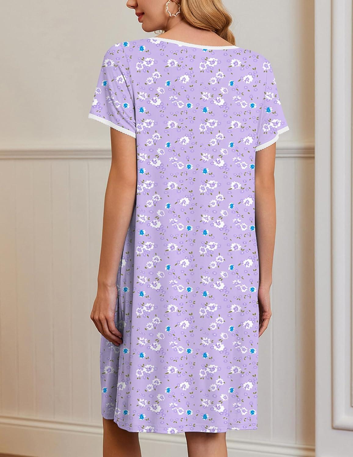 imageEkouaer Nightgowns for Women Short Sleeve Moo Moos Ladies House Dress with Pockets Pleated Sleepshirts Soft SleepwearPurple White Florals