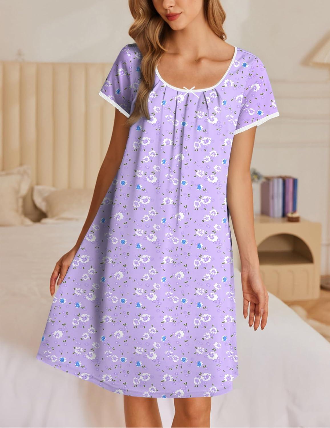 imageEkouaer Nightgowns for Women Short Sleeve Moo Moos Ladies House Dress with Pockets Pleated Sleepshirts Soft SleepwearPurple White Florals