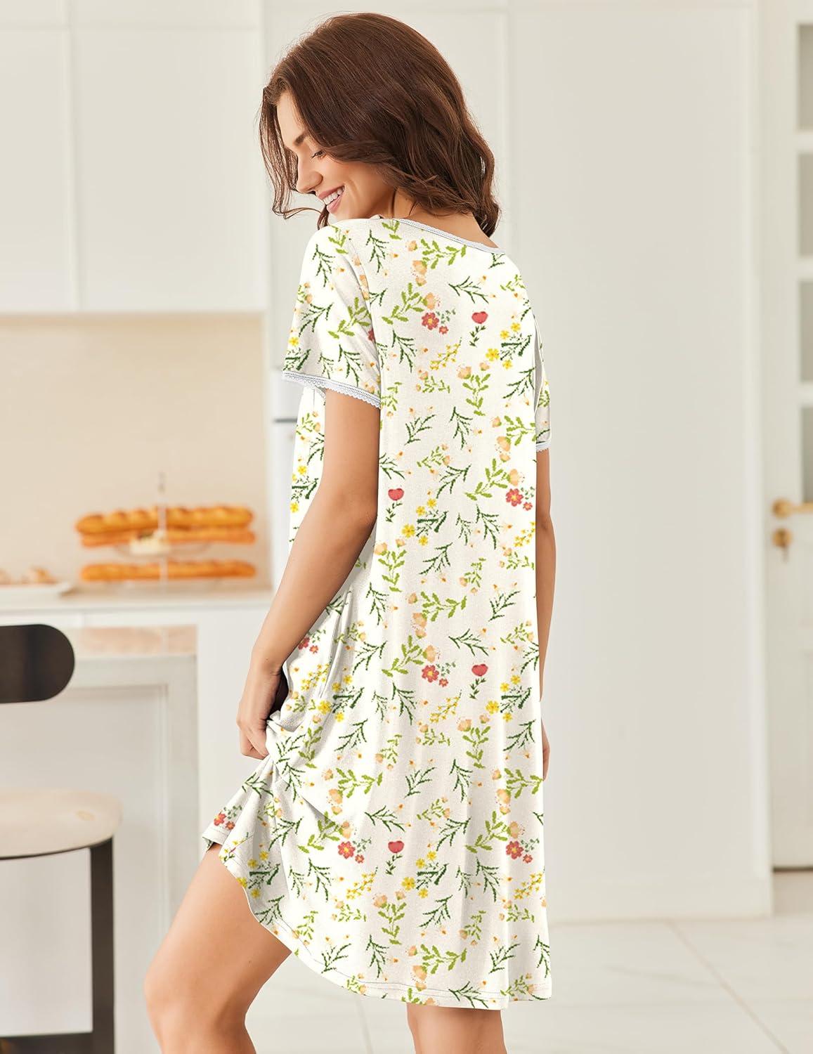 imageEkouaer Nightgowns for Women Short Sleeve Moo Moos Ladies House Dress with Pockets Pleated Sleepshirts Soft SleepwearYellow Green Leaves