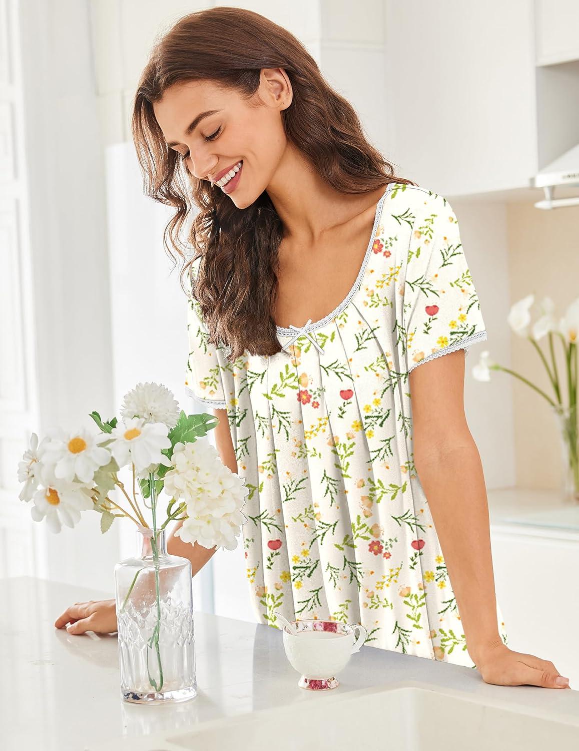 imageEkouaer Nightgowns for Women Short Sleeve Moo Moos Ladies House Dress with Pockets Pleated Sleepshirts Soft SleepwearYellow Green Leaves