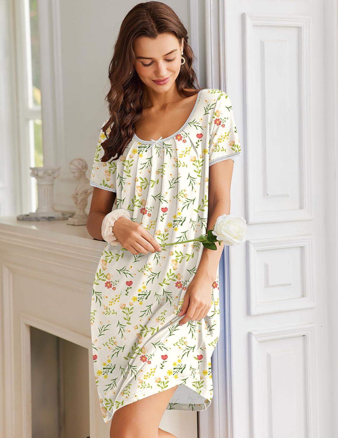 imageEkouaer Nightgowns for Women Short Sleeve Moo Moos Ladies House Dress with Pockets Pleated Sleepshirts Soft SleepwearYellow Green Leaves