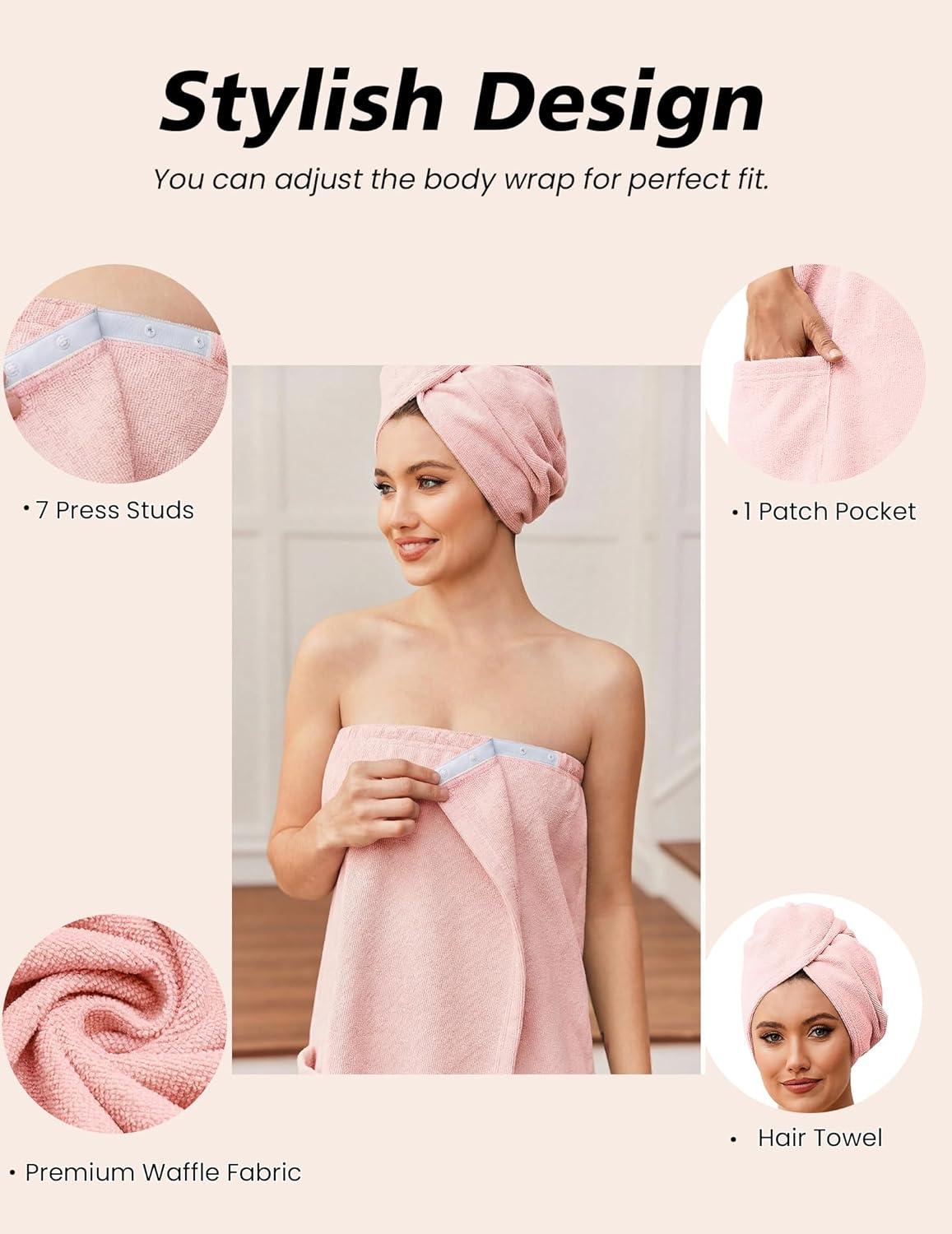 imageEkouaer Towel Wrap for Women with Hair Towel Lightweight Knee Length Spa Body Bath Adjustable Closure Bathrobe with PocketBlush