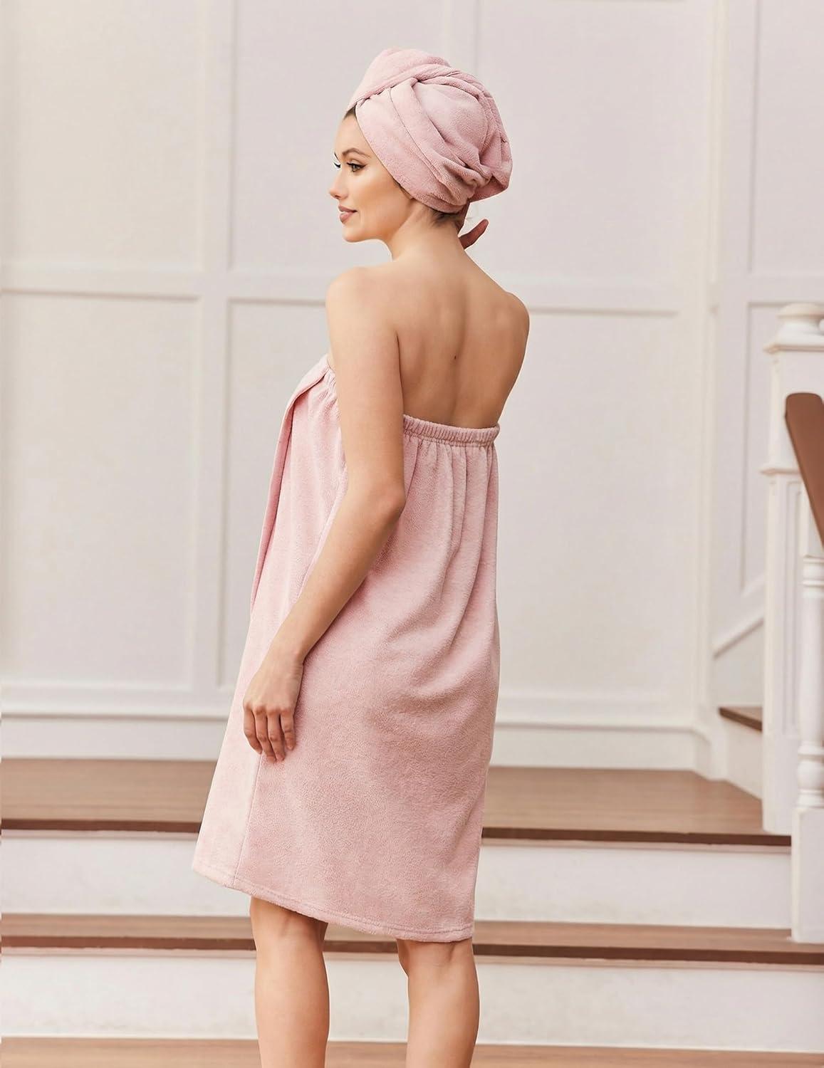 imageEkouaer Towel Wrap for Women with Hair Towel Lightweight Knee Length Spa Body Bath Adjustable Closure Bathrobe with PocketBlush