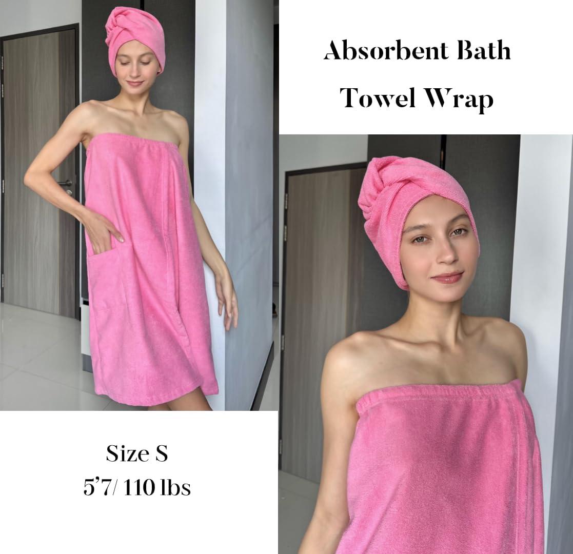imageEkouaer Towel Wrap for Women with Hair Towel Lightweight Knee Length Spa Body Bath Adjustable Closure Bathrobe with PocketFuchsia