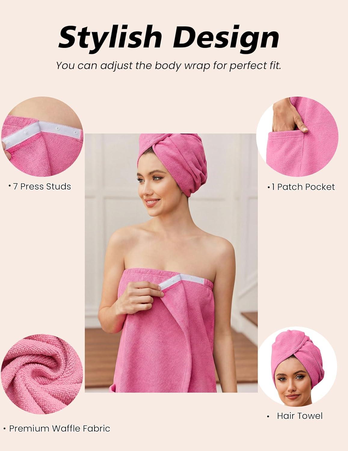 imageEkouaer Towel Wrap for Women with Hair Towel Lightweight Knee Length Spa Body Bath Adjustable Closure Bathrobe with PocketFuchsia