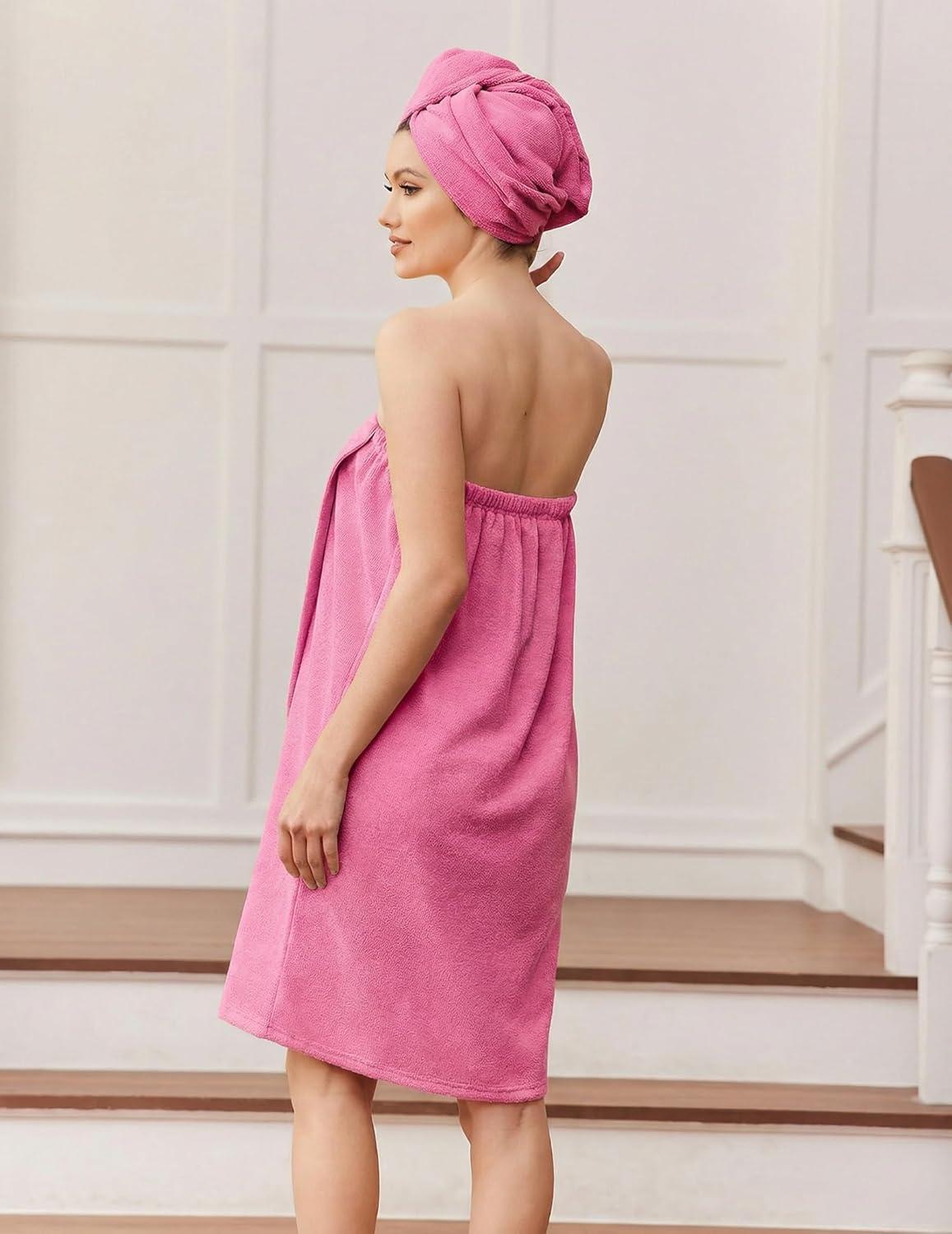 imageEkouaer Towel Wrap for Women with Hair Towel Lightweight Knee Length Spa Body Bath Adjustable Closure Bathrobe with PocketFuchsia