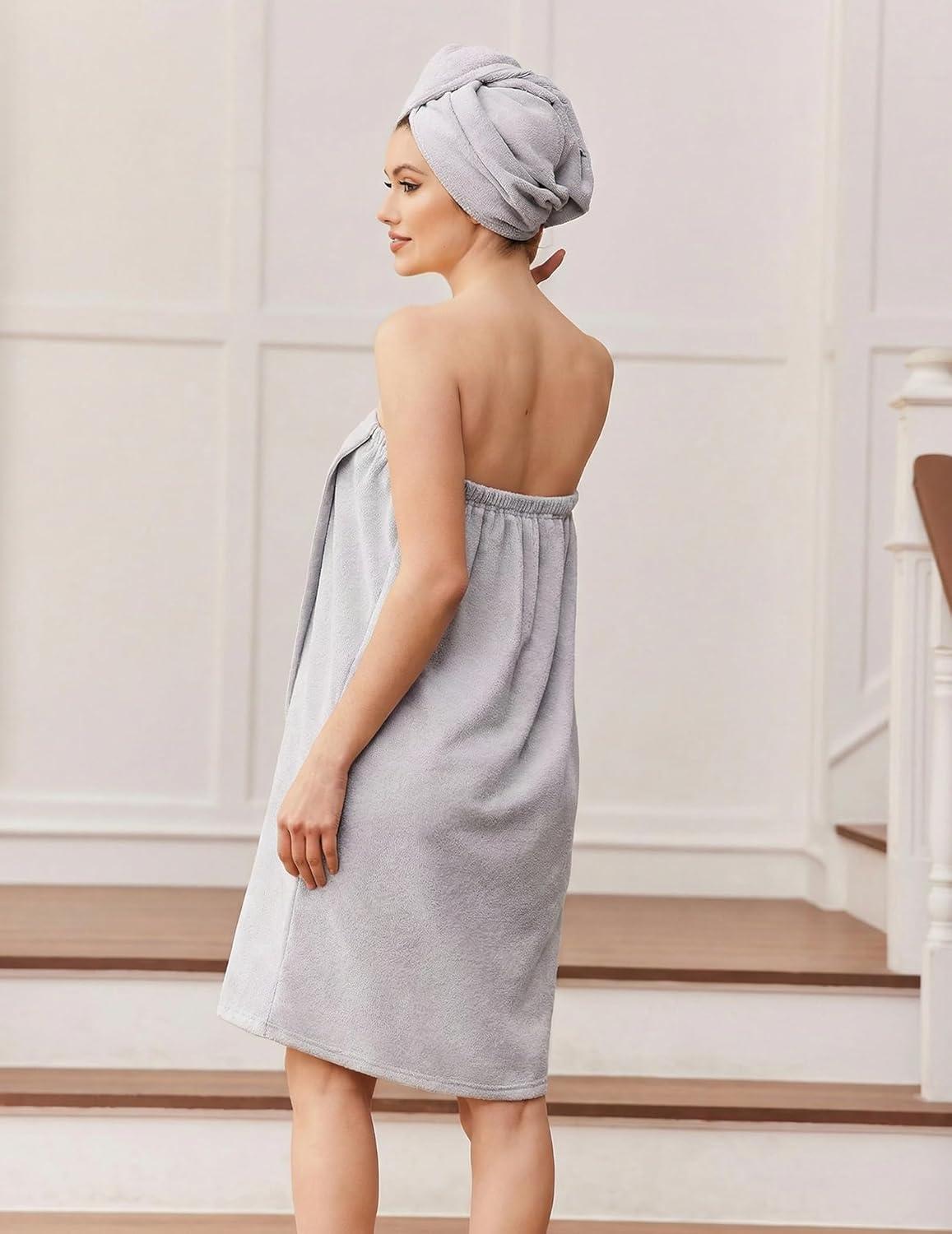 imageEkouaer Towel Wrap for Women with Hair Towel Lightweight Knee Length Spa Body Bath Adjustable Closure Bathrobe with PocketLight Gray