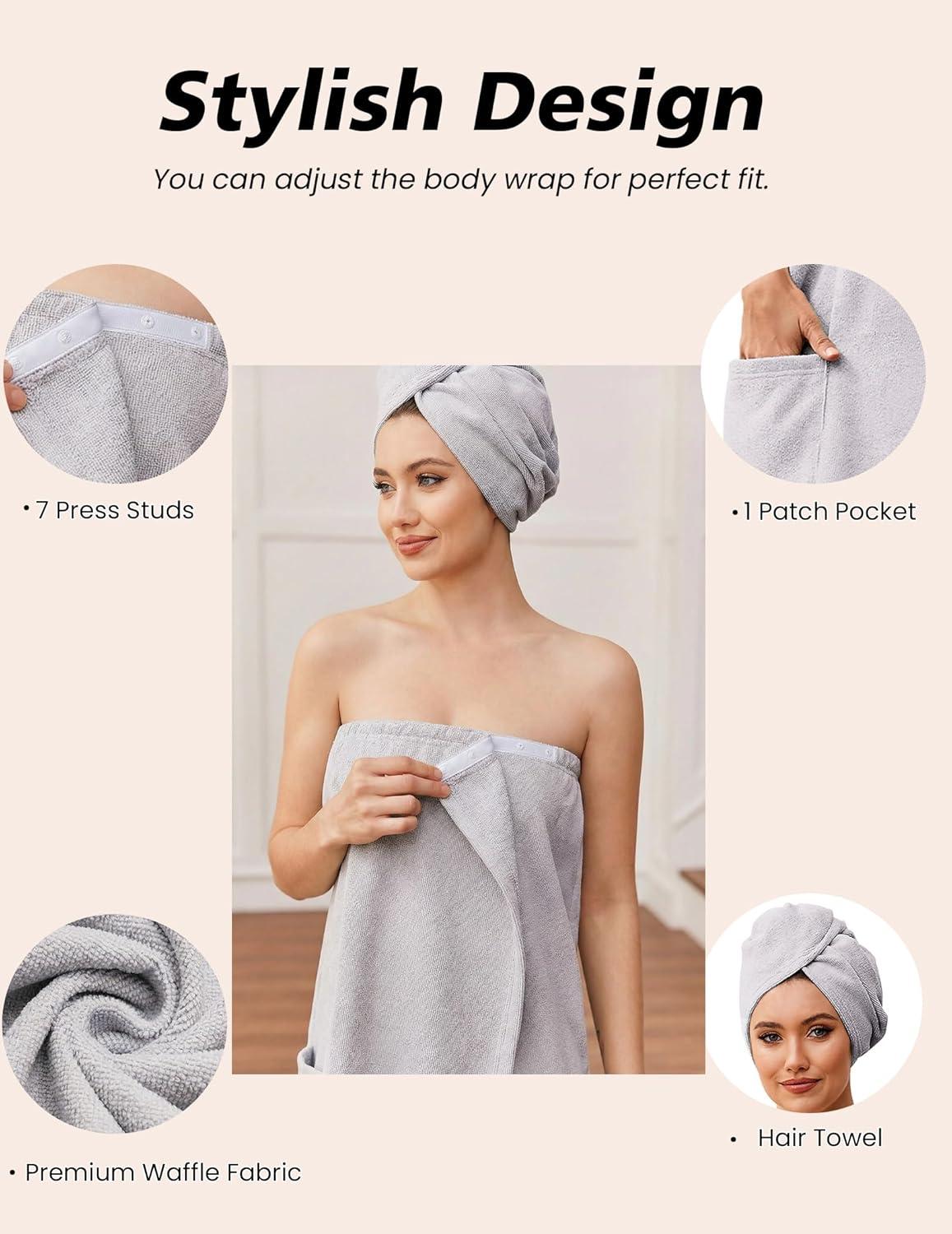 imageEkouaer Towel Wrap for Women with Hair Towel Lightweight Knee Length Spa Body Bath Adjustable Closure Bathrobe with PocketLight Gray