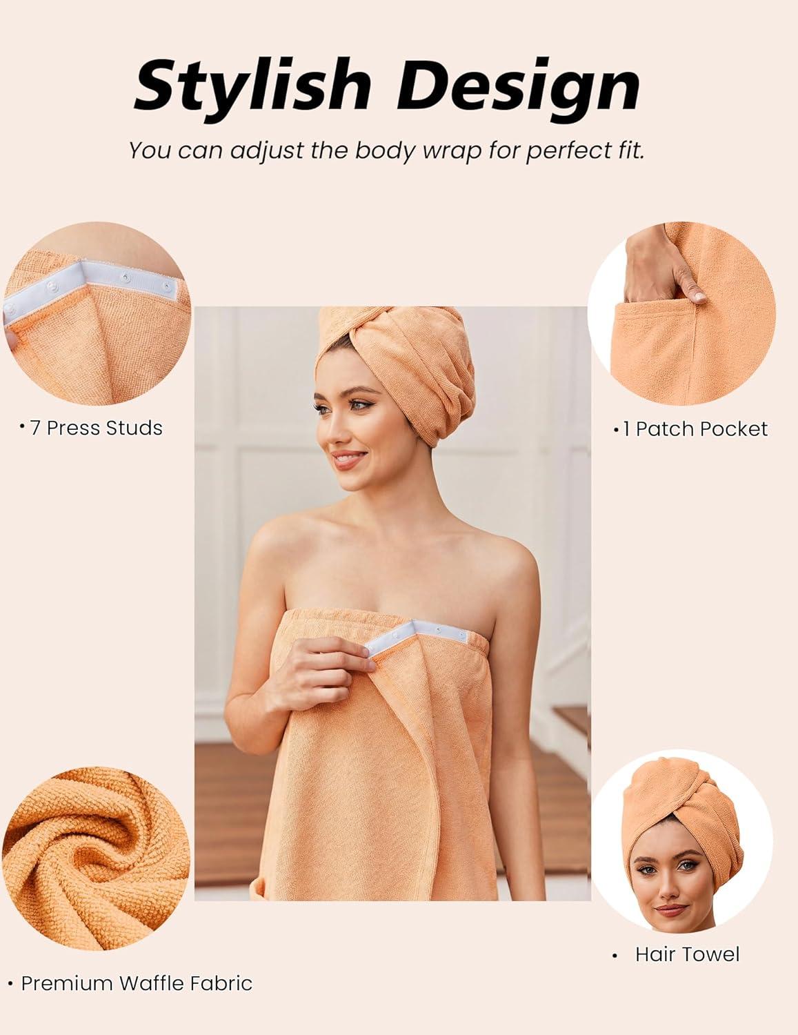 imageEkouaer Towel Wrap for Women with Hair Towel Lightweight Knee Length Spa Body Bath Adjustable Closure Bathrobe with PocketSoft Orange