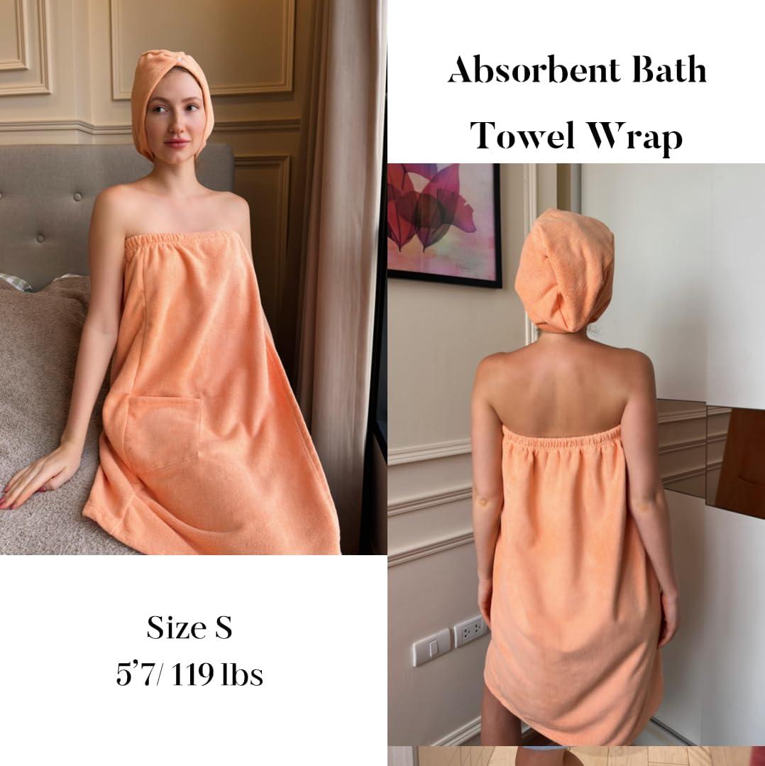 imageEkouaer Towel Wrap for Women with Hair Towel Lightweight Knee Length Spa Body Bath Adjustable Closure Bathrobe with PocketSoft Orange