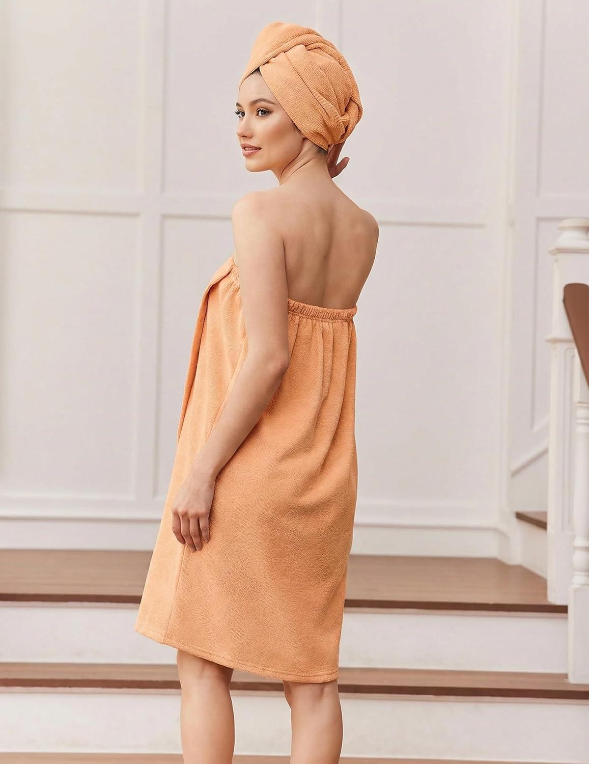 imageEkouaer Towel Wrap for Women with Hair Towel Lightweight Knee Length Spa Body Bath Adjustable Closure Bathrobe with PocketSoft Orange