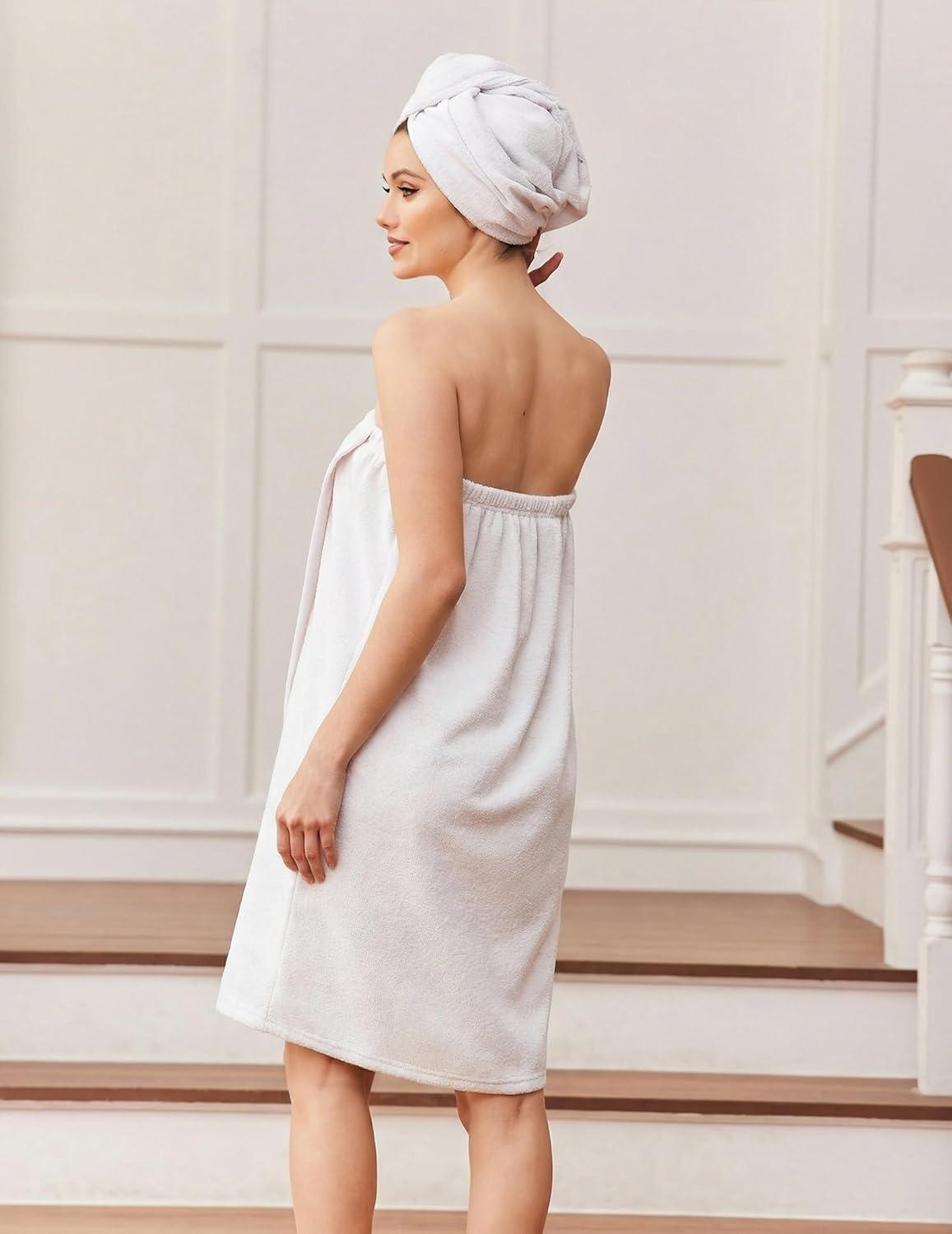 imageEkouaer Towel Wrap for Women with Hair Towel Lightweight Knee Length Spa Body Bath Adjustable Closure Bathrobe with PocketWhite