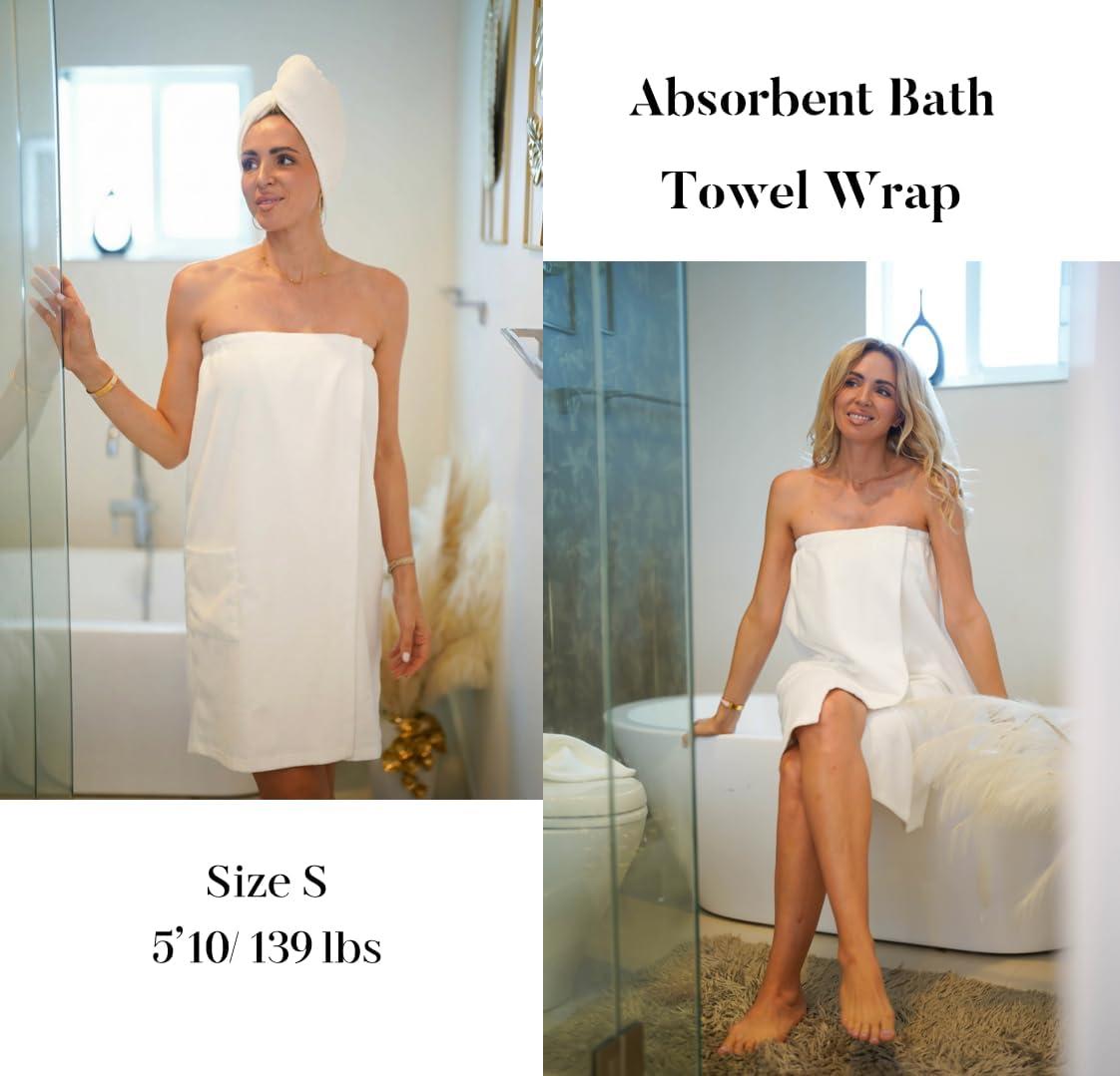 imageEkouaer Towel Wrap for Women with Hair Towel Lightweight Knee Length Spa Body Bath Adjustable Closure Bathrobe with PocketWhite
