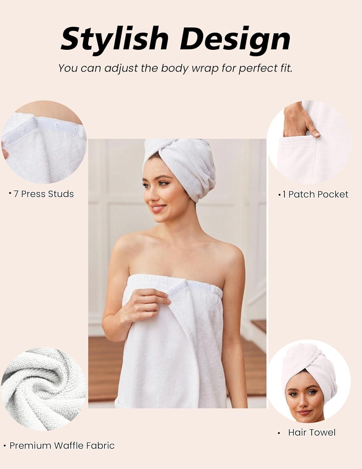 imageEkouaer Towel Wrap for Women with Hair Towel Lightweight Knee Length Spa Body Bath Adjustable Closure Bathrobe with PocketWhite