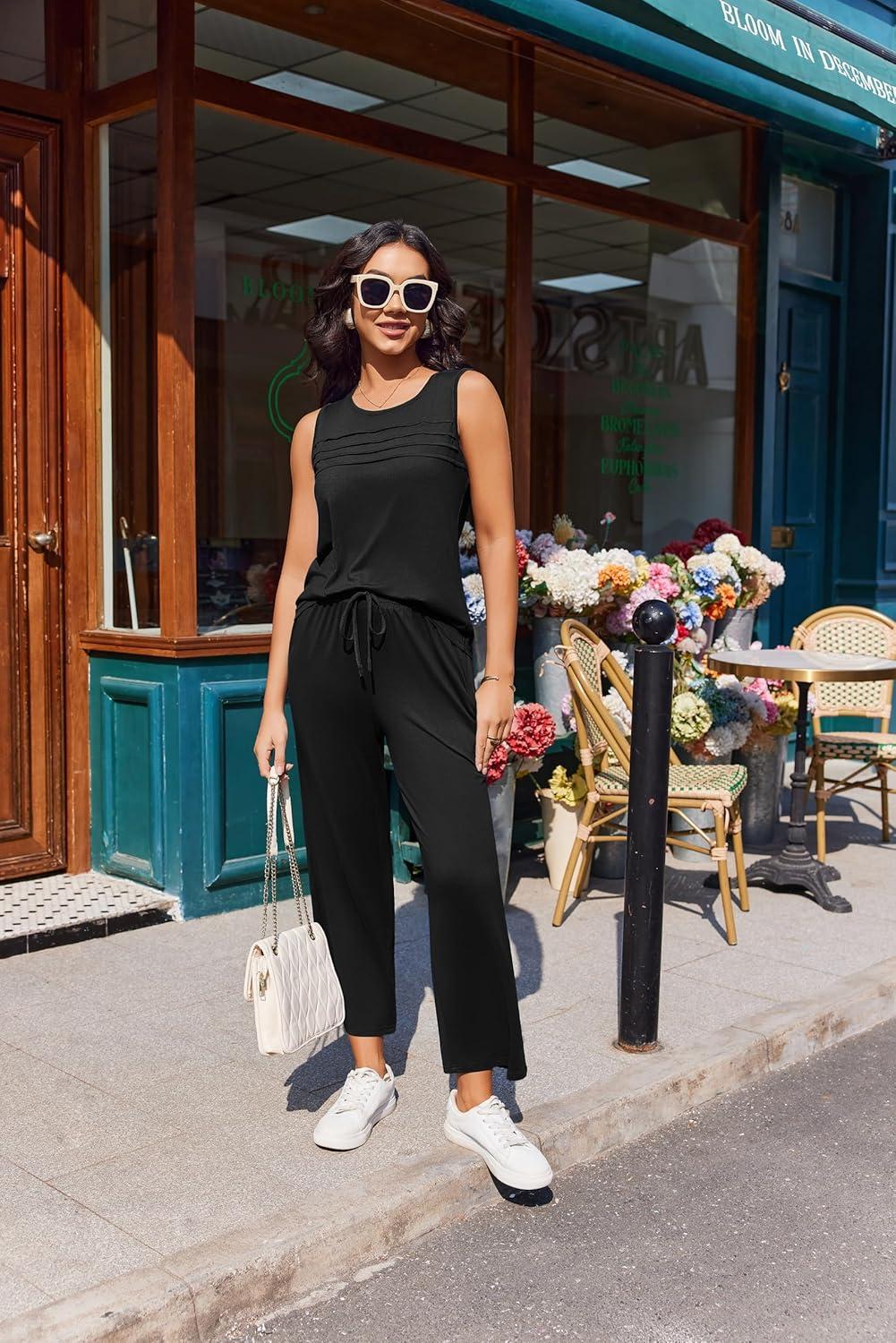 imageEkouaer Two Piece Sets for Women Summer Vacation Fashion Outfits Sleeveless Top Wide Leg Pants 2026 Lounge Sets S2XlBlack