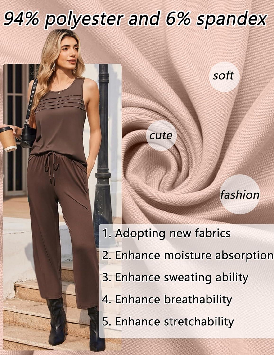 imageEkouaer Two Piece Sets for Women Summer Vacation Fashion Outfits Sleeveless Top Wide Leg Pants 2026 Lounge Sets S2XlBrown