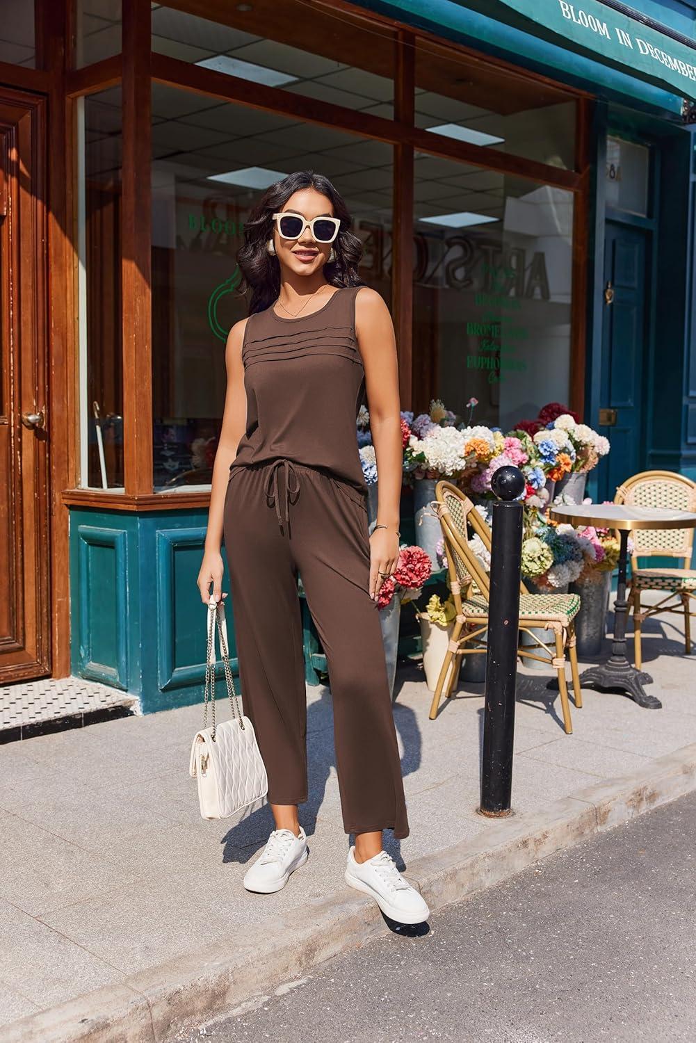 imageEkouaer Two Piece Sets for Women Summer Vacation Fashion Outfits Sleeveless Top Wide Leg Pants 2026 Lounge Sets S2XlBrown