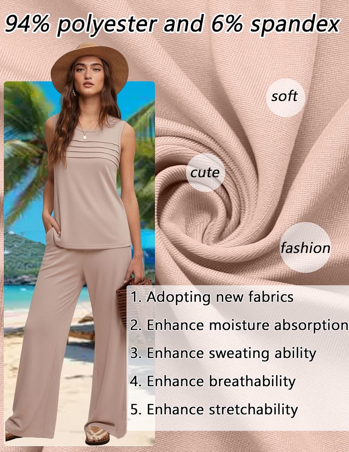 imageEkouaer Two Piece Sets for Women Summer Vacation Fashion Outfits Sleeveless Top Wide Leg Pants 2026 Lounge Sets S2XlChampagne