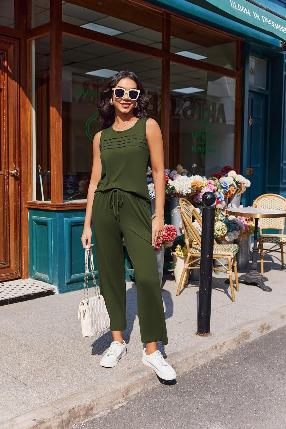 imageEkouaer Two Piece Sets for Women Summer Vacation Fashion Outfits Sleeveless Top Wide Leg Pants 2026 Lounge Sets S2XlDark Green