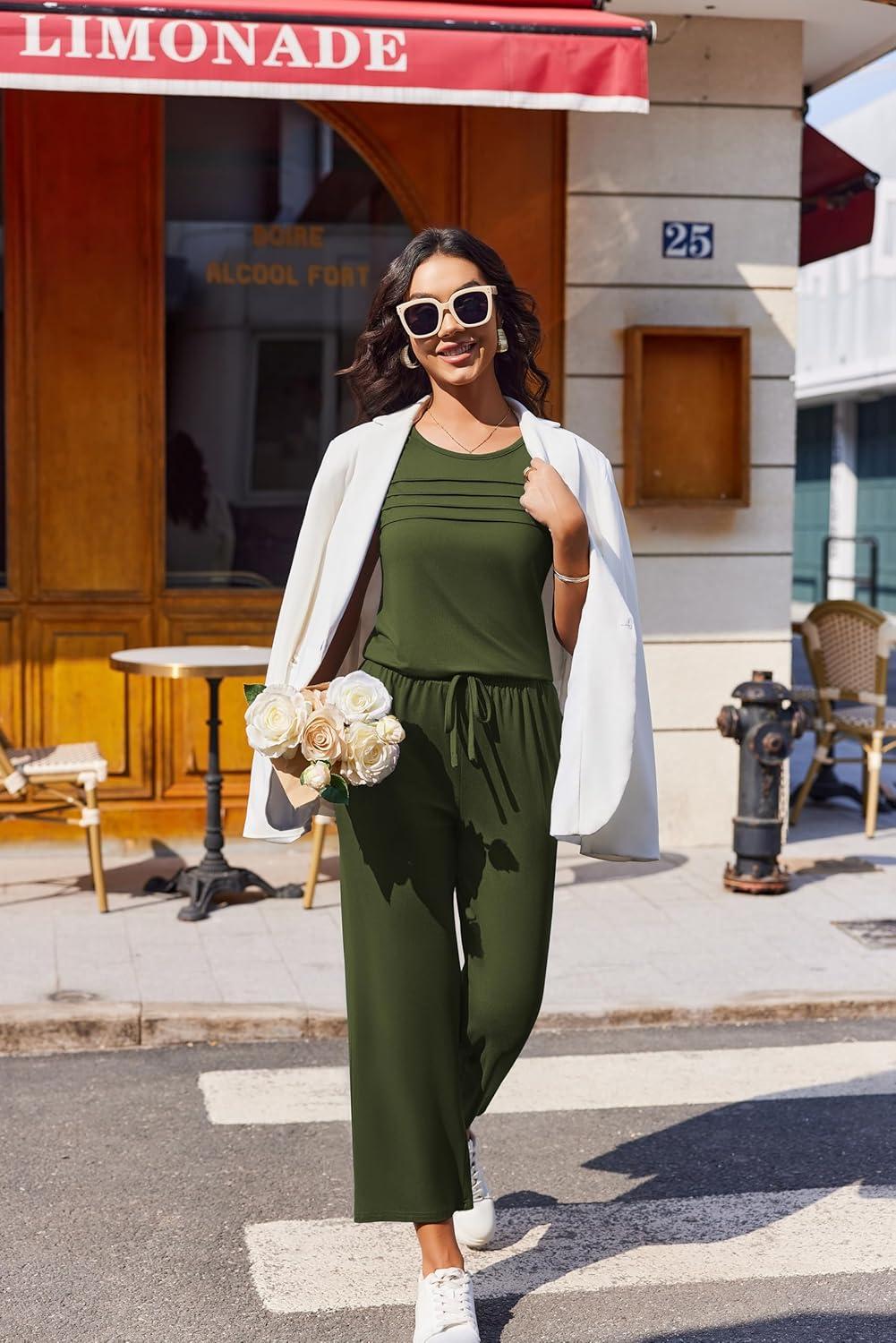 imageEkouaer Two Piece Sets for Women Summer Vacation Fashion Outfits Sleeveless Top Wide Leg Pants 2026 Lounge Sets S2XlDark Green