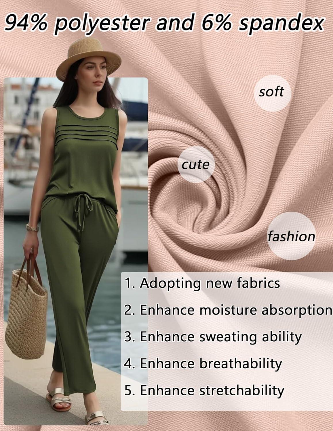 imageEkouaer Two Piece Sets for Women Summer Vacation Fashion Outfits Sleeveless Top Wide Leg Pants 2026 Lounge Sets S2XlDark Green