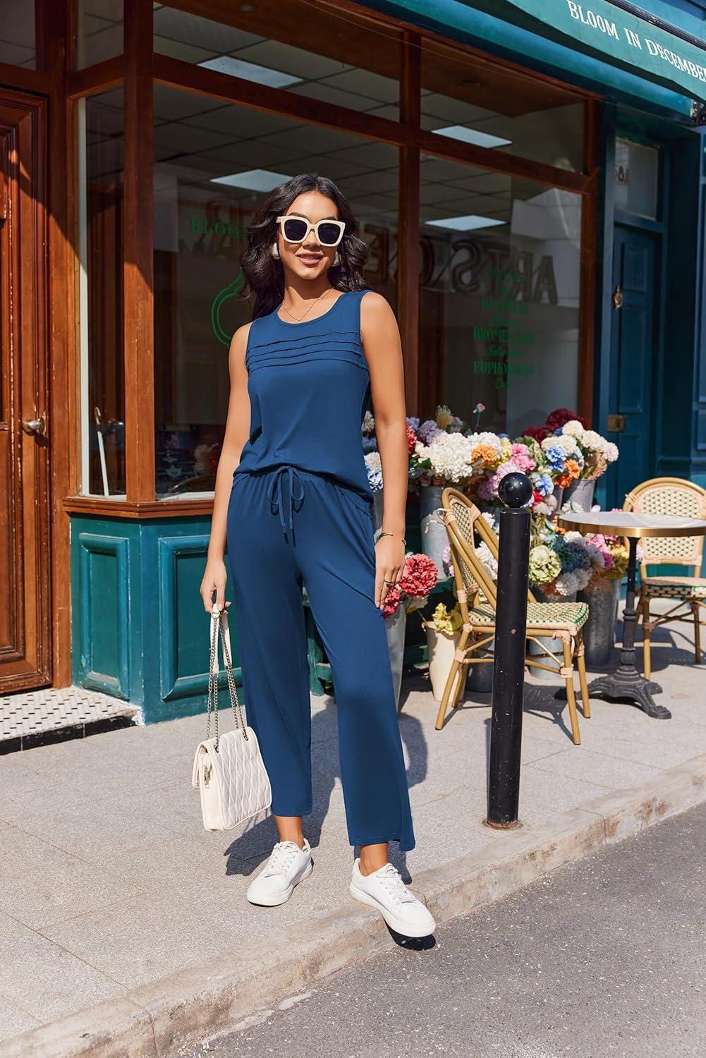 imageEkouaer Two Piece Sets for Women Summer Vacation Fashion Outfits Sleeveless Top Wide Leg Pants 2026 Lounge Sets S2XlDeep Blue