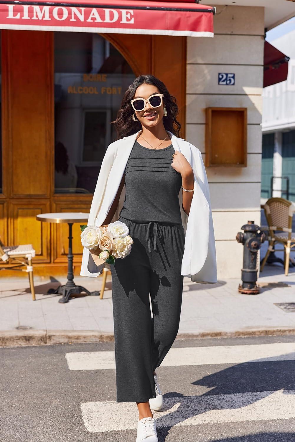 imageEkouaer Two Piece Sets for Women Summer Vacation Fashion Outfits Sleeveless Top Wide Leg Pants 2026 Lounge Sets S2XlGrey