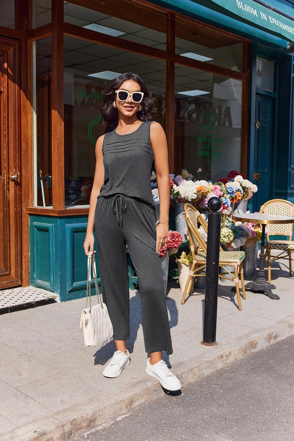imageEkouaer Two Piece Sets for Women Summer Vacation Fashion Outfits Sleeveless Top Wide Leg Pants 2026 Lounge Sets S2XlGrey