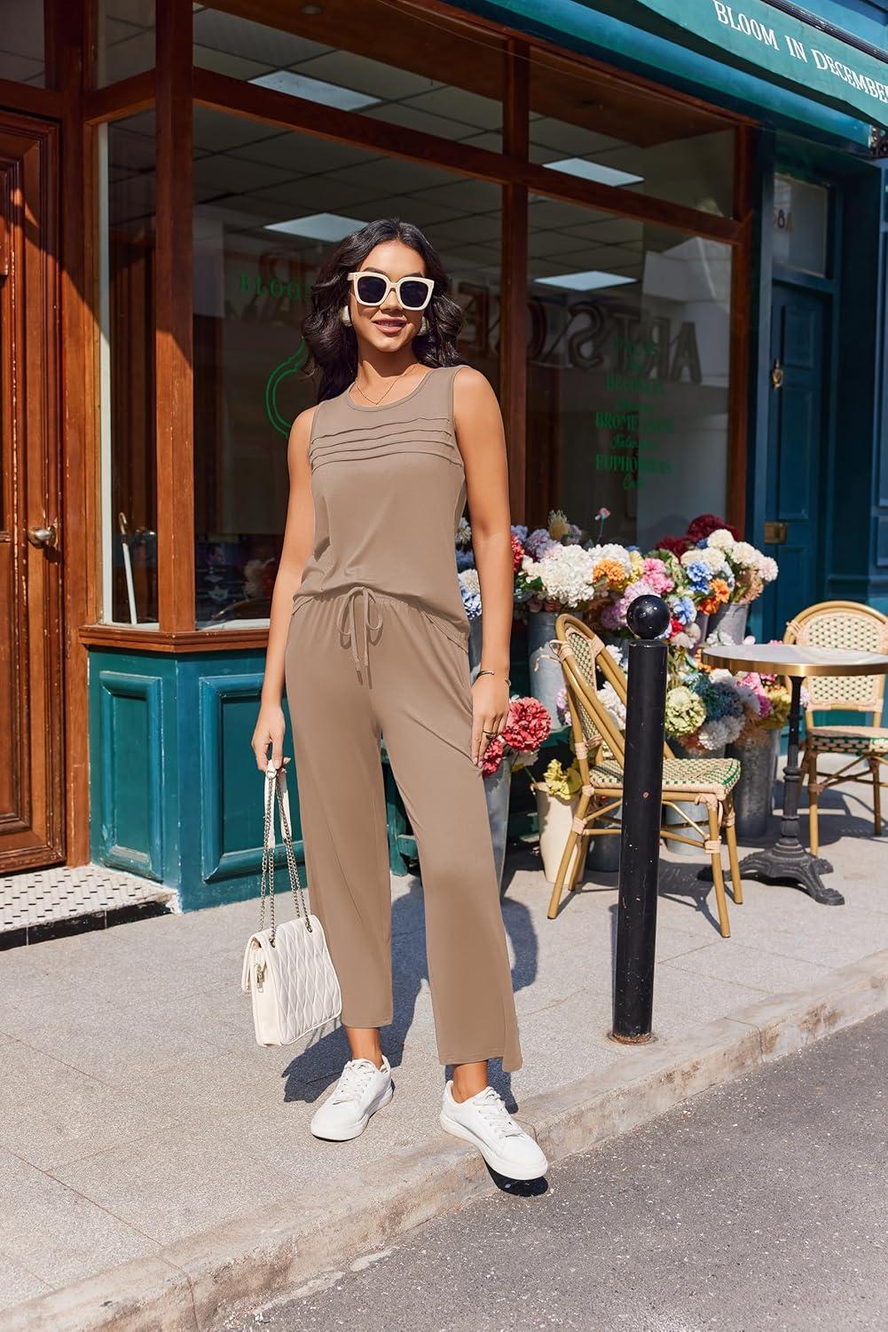 imageEkouaer Two Piece Sets for Women Summer Vacation Fashion Outfits Sleeveless Top Wide Leg Pants 2026 Lounge Sets S2XlKhaki