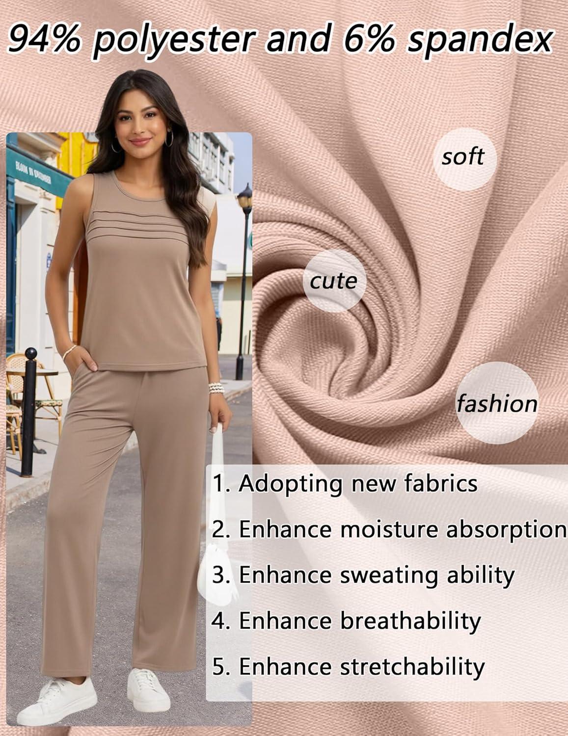 imageEkouaer Two Piece Sets for Women Summer Vacation Fashion Outfits Sleeveless Top Wide Leg Pants 2026 Lounge Sets S2XlKhaki