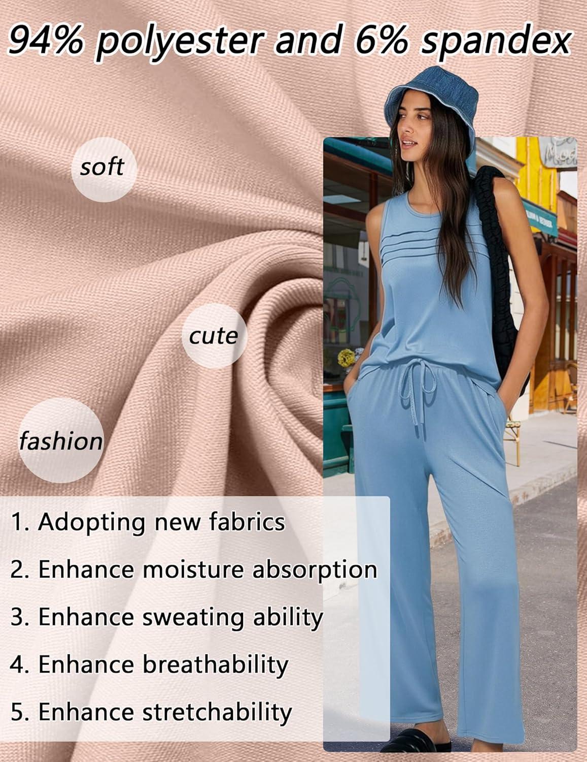 imageEkouaer Two Piece Sets for Women Summer Vacation Fashion Outfits Sleeveless Top Wide Leg Pants 2026 Lounge Sets S2XlLight Blue