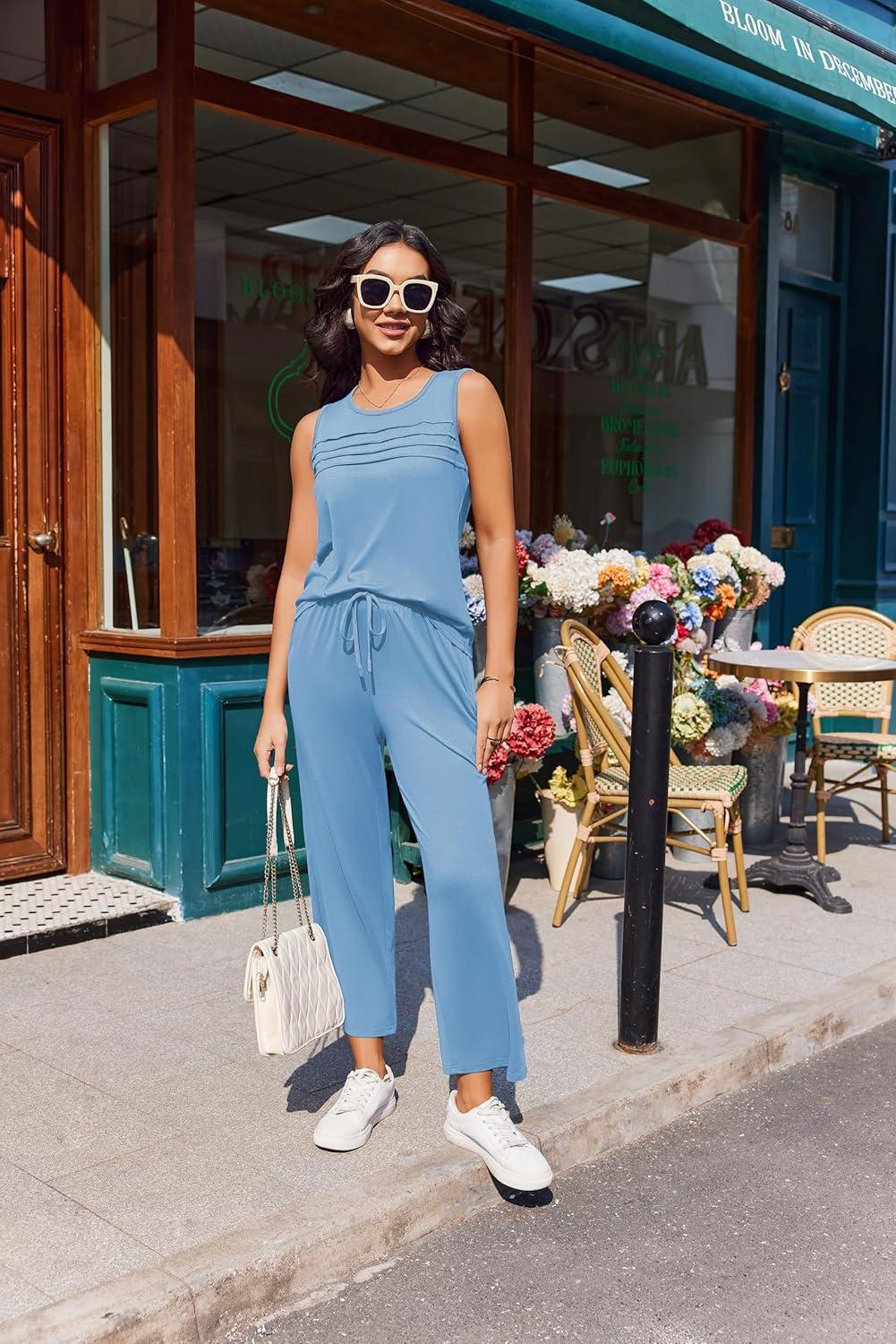imageEkouaer Two Piece Sets for Women Summer Vacation Fashion Outfits Sleeveless Top Wide Leg Pants 2026 Lounge Sets S2XlLight Blue