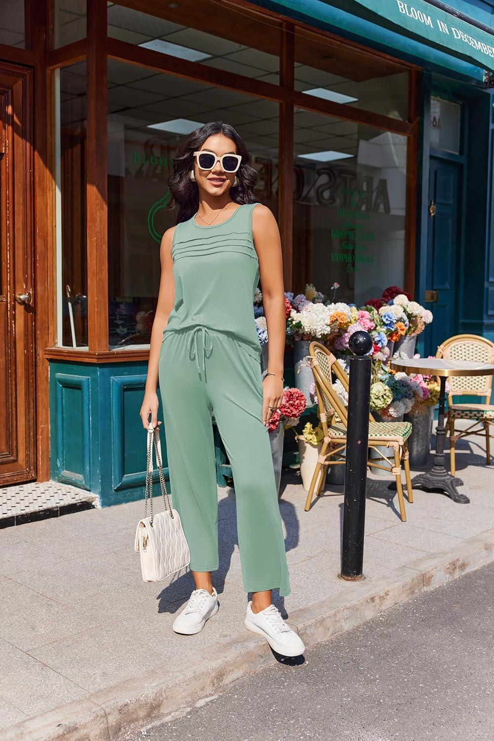 imageEkouaer Two Piece Sets for Women Summer Vacation Fashion Outfits Sleeveless Top Wide Leg Pants 2026 Lounge Sets S2XlLight Green