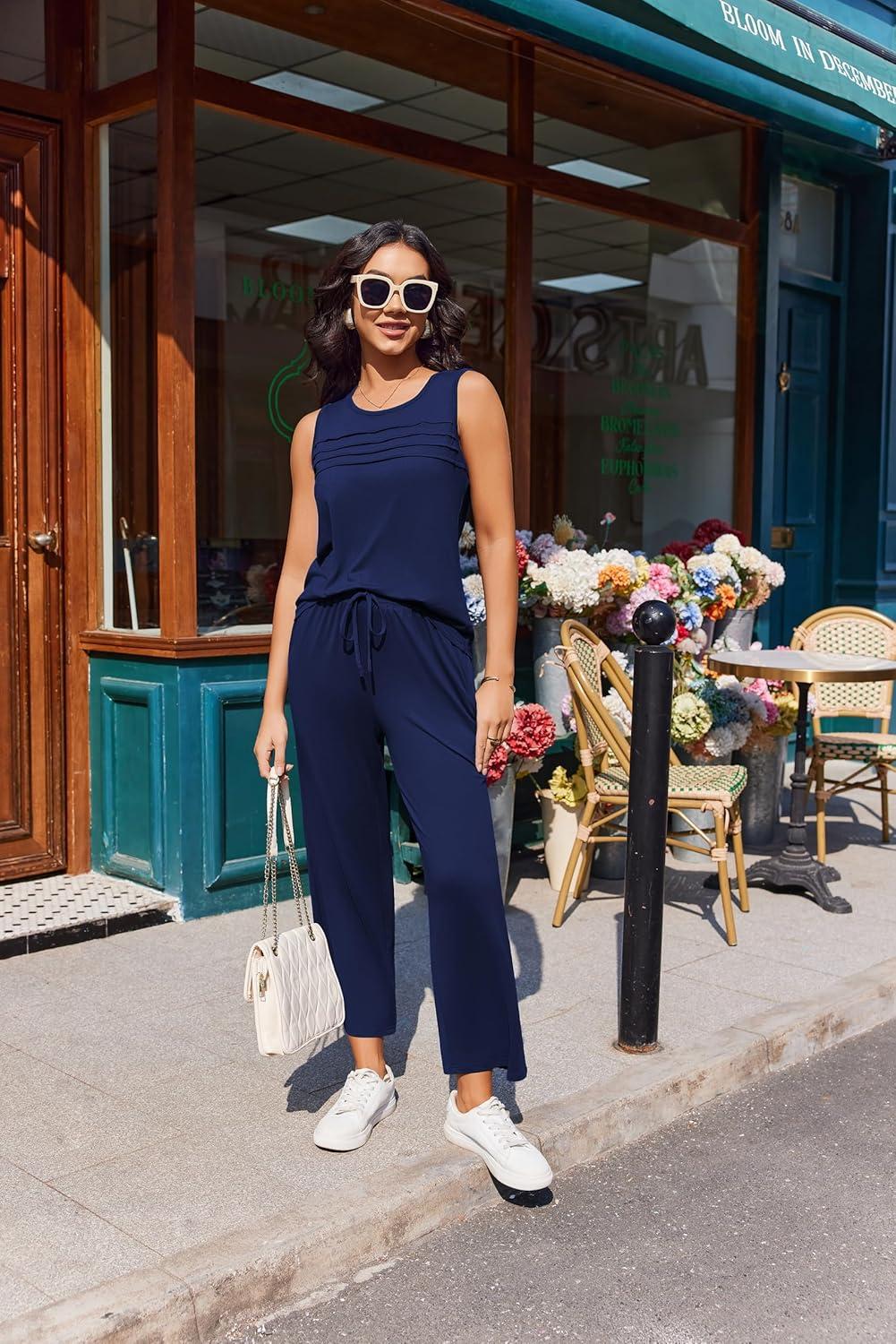 imageEkouaer Two Piece Sets for Women Summer Vacation Fashion Outfits Sleeveless Top Wide Leg Pants 2026 Lounge Sets S2XlNavy Blue