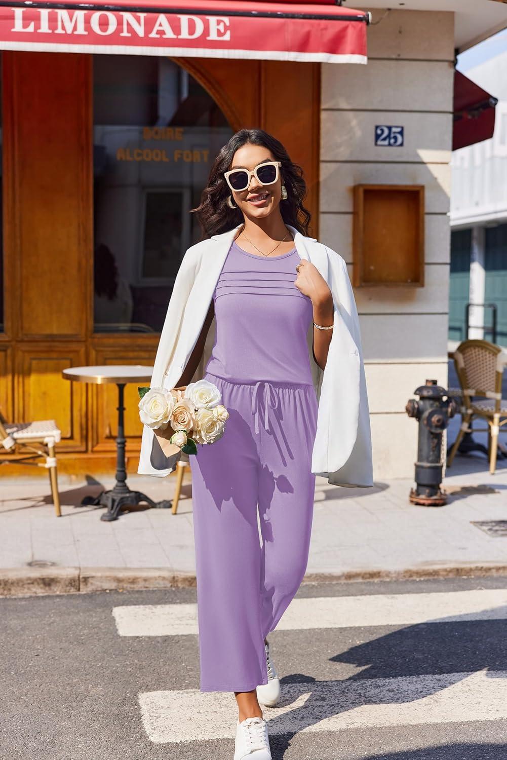 imageEkouaer Two Piece Sets for Women Summer Vacation Fashion Outfits Sleeveless Top Wide Leg Pants 2026 Lounge Sets S2XlPurple