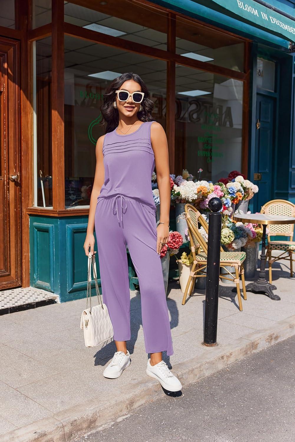 imageEkouaer Two Piece Sets for Women Summer Vacation Fashion Outfits Sleeveless Top Wide Leg Pants 2026 Lounge Sets S2XlPurple