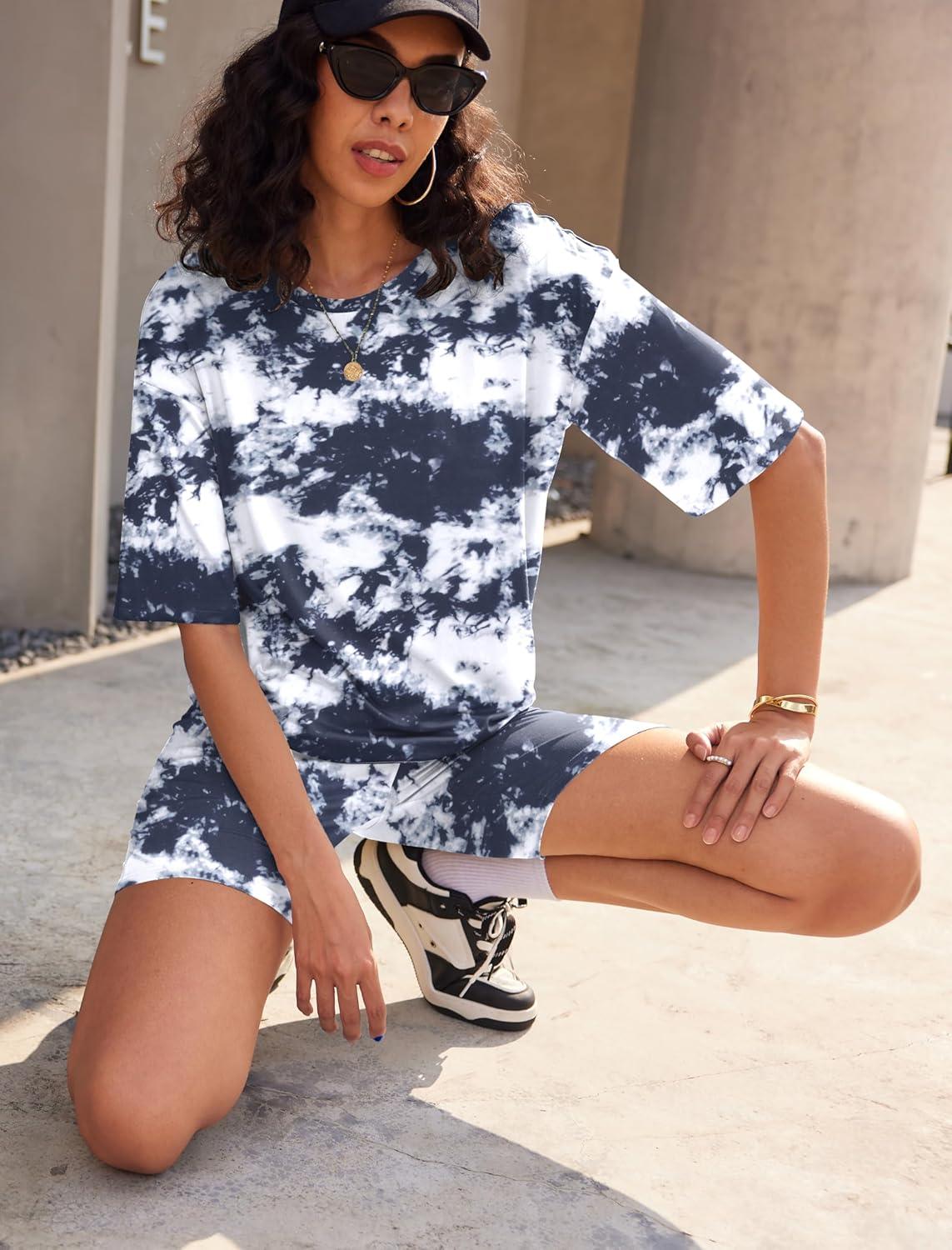 imageEkouaer Women 2 Piece Lounge Sets Moisture Wicking Summer Outfits 2026 Oversized TShirt and Biker Short Matching SetsBlack and White Tiedye