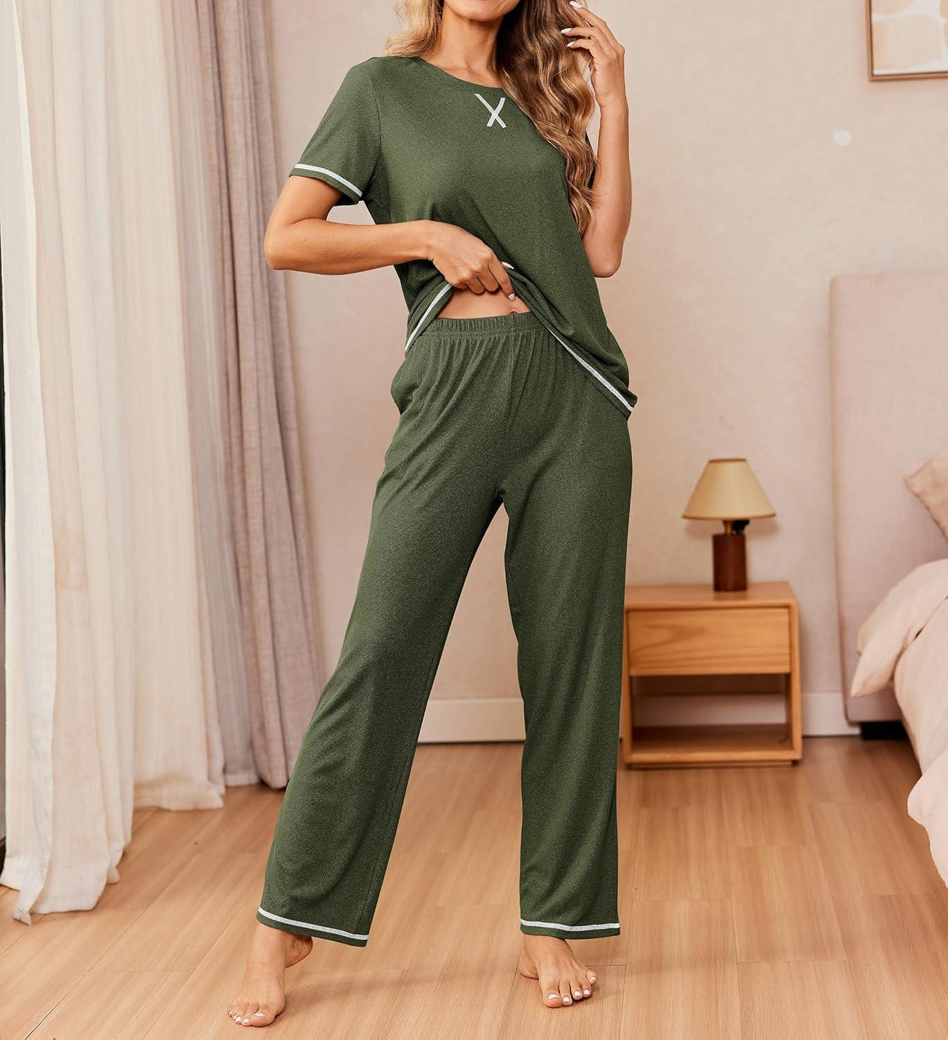 imageEkouaer Women Soft Pant Sets Short Sleeve Top and Long Pants Pjs 2 Piece Lightweight Pajama Sets with PocketsArmy Green