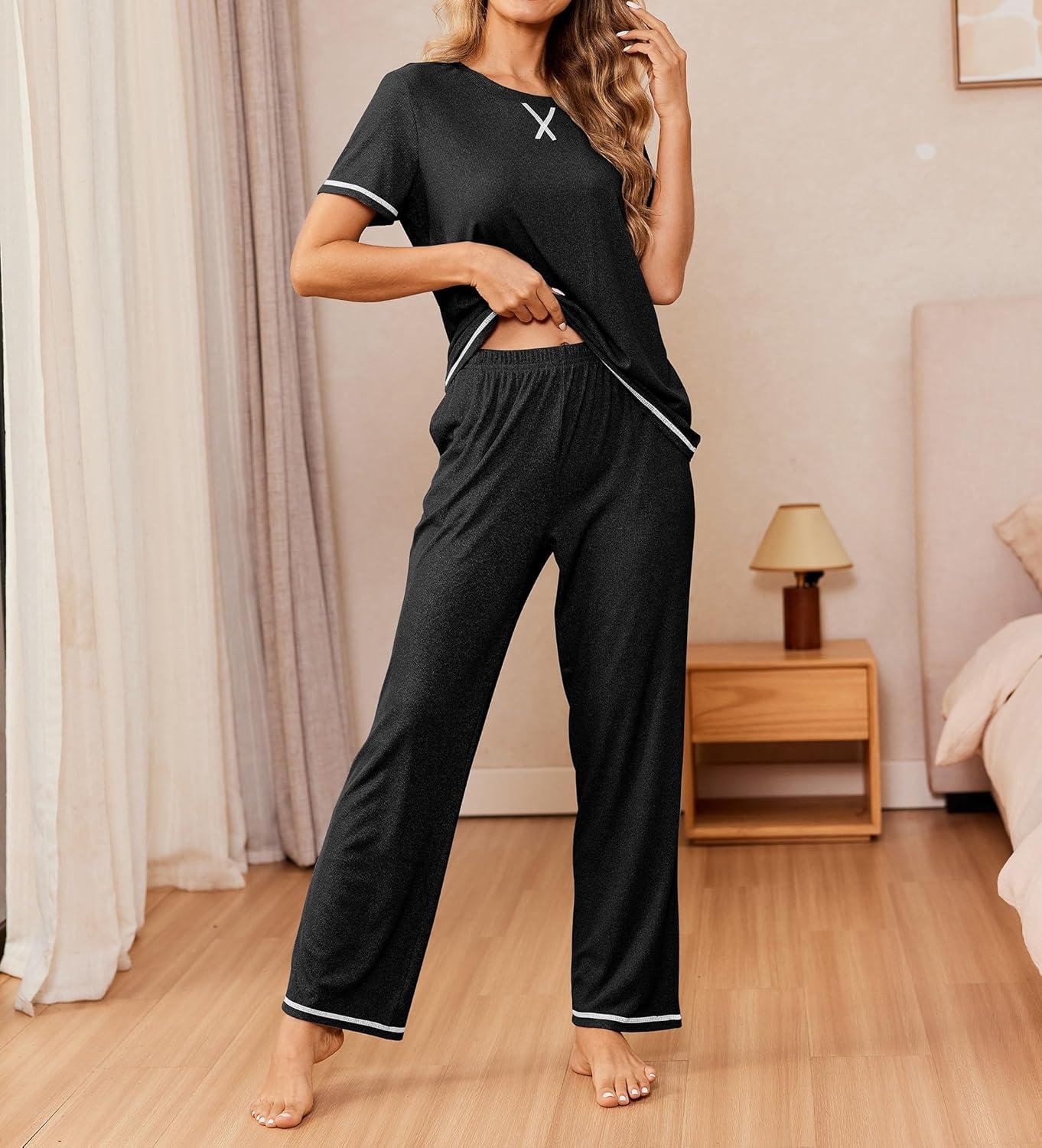 imageEkouaer Women Soft Pant Sets Short Sleeve Top and Long Pants Pjs 2 Piece Lightweight Pajama Sets with PocketsBlack