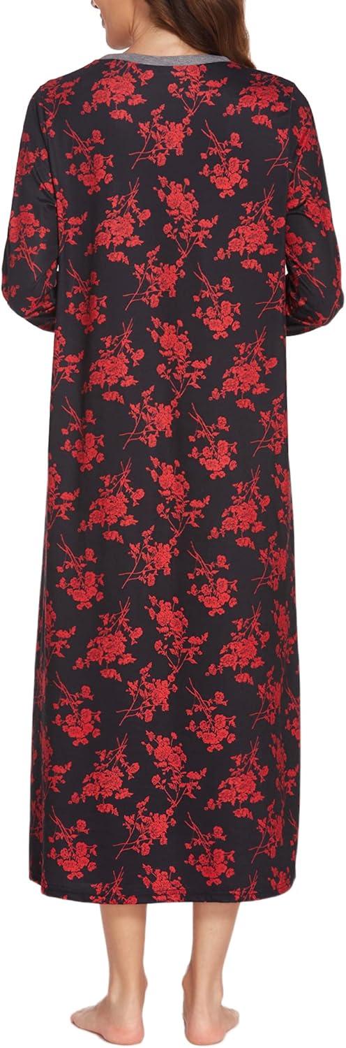 imageEkouaer Womens Long Sleeve Nightgown Full Length Sleepwear Long Sleepshirts Henley Sleep Dress S4XLRed Flowers