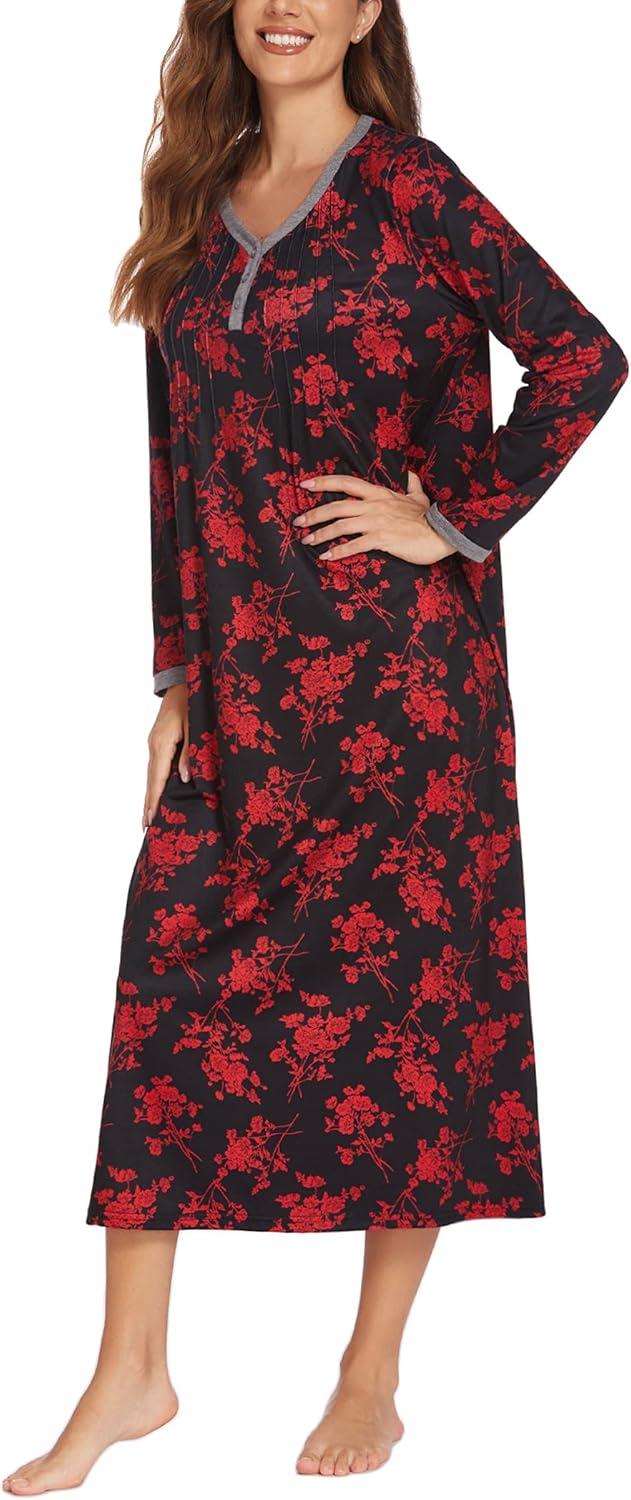 imageEkouaer Womens Long Sleeve Nightgown Full Length Sleepwear Long Sleepshirts Henley Sleep Dress S4XLRed Flowers
