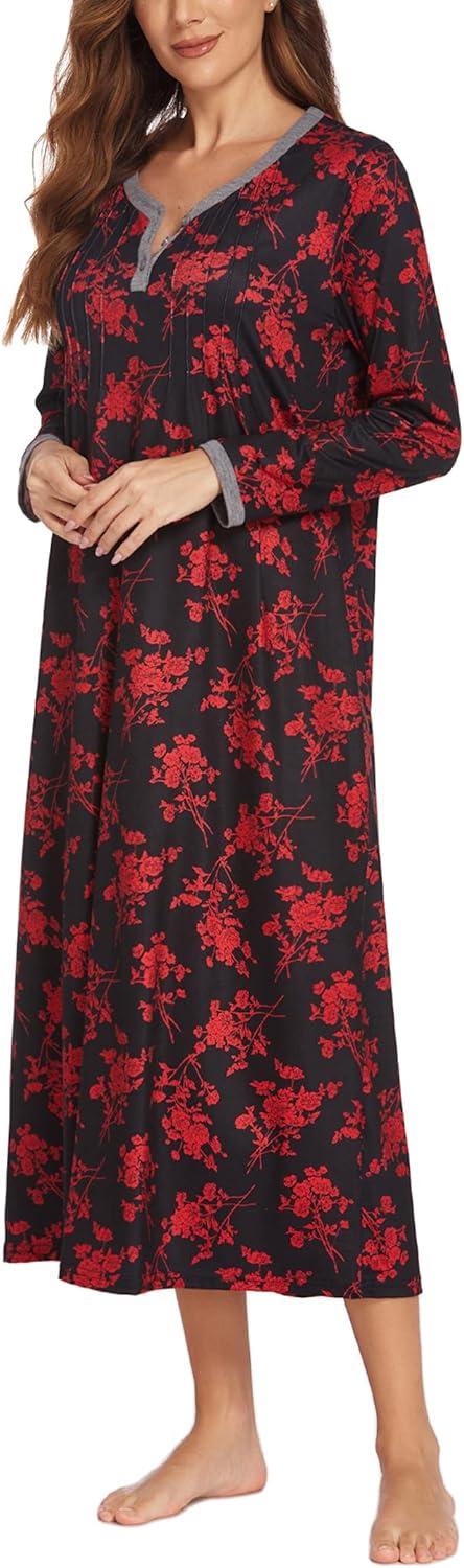 imageEkouaer Womens Long Sleeve Nightgown Full Length Sleepwear Long Sleepshirts Henley Sleep Dress S4XLRed Flowers
