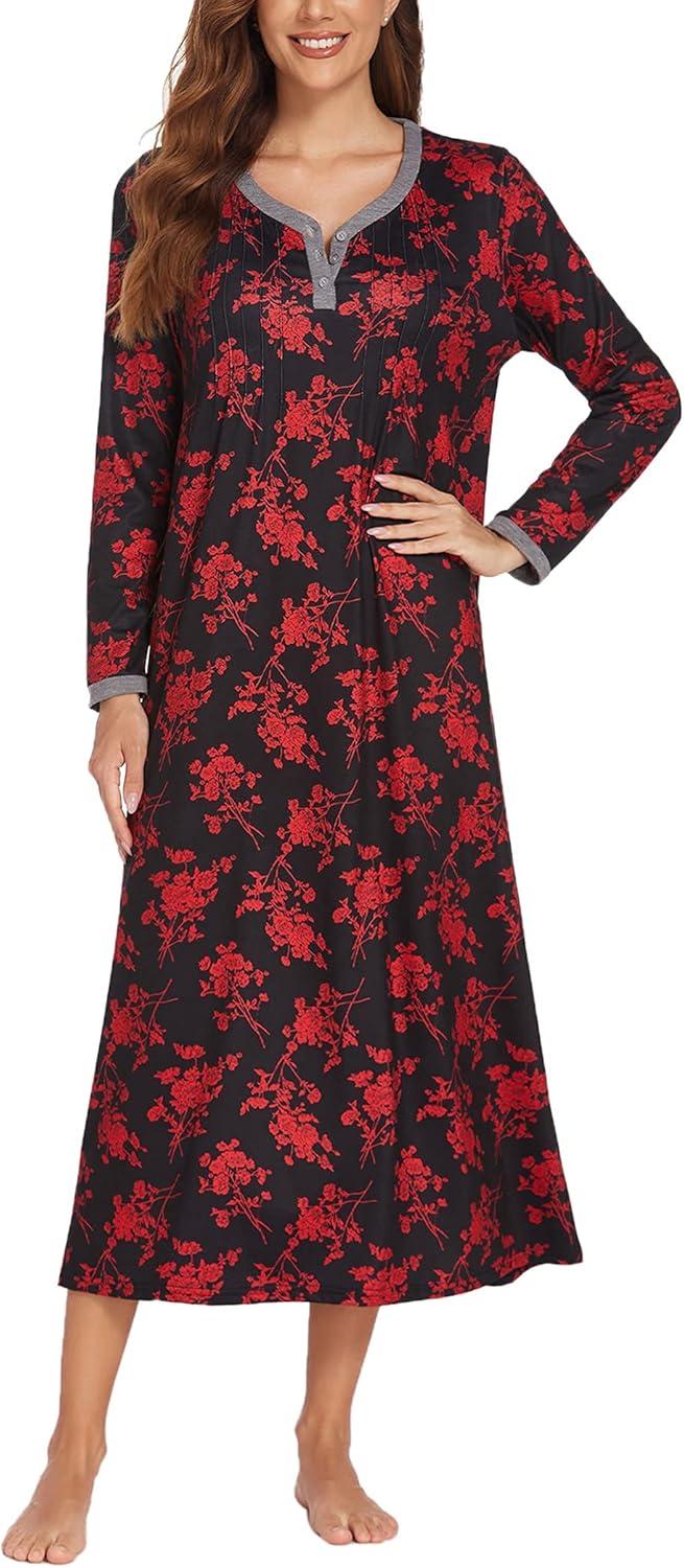 imageEkouaer Womens Long Sleeve Nightgown Full Length Sleepwear Long Sleepshirts Henley Sleep Dress S4XLRed Flowers