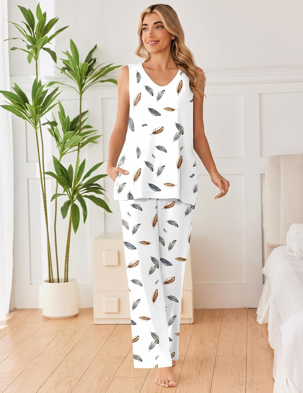 imageEkouaer Womens Pajamas Set Sleeveless Lounge Sets Comfy Tank Top and Pants Pjs Set V Neck 2 Piece Sleepwear SXXLFeather White