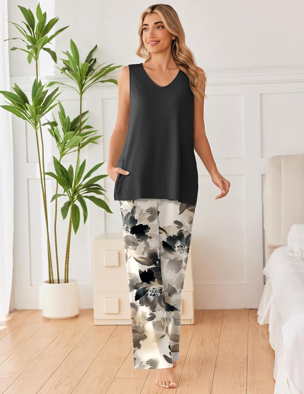 imageEkouaer Womens Pajamas Set Sleeveless Lounge Sets Comfy Tank Top and Pants Pjs Set V Neck 2 Piece Sleepwear SXXLFloral Black