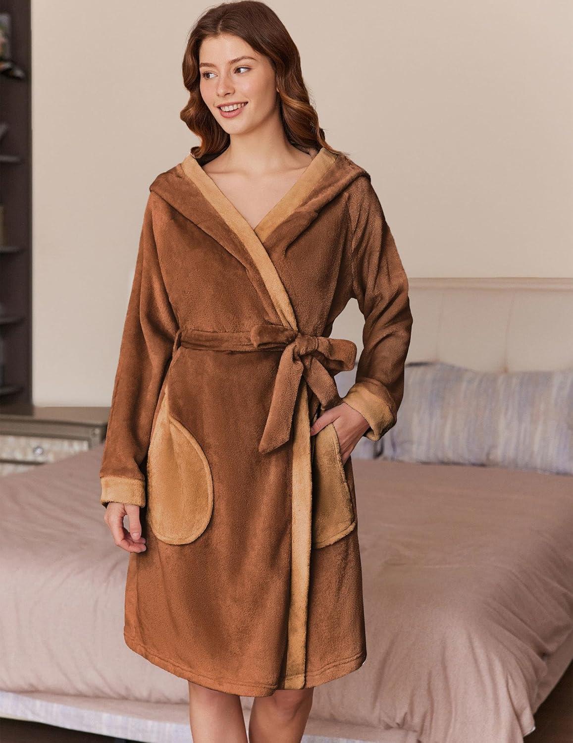 imageEkouaer Womens Robes Knee Length Hooded Bathrobe Cute House Coats with Pockets SXXL